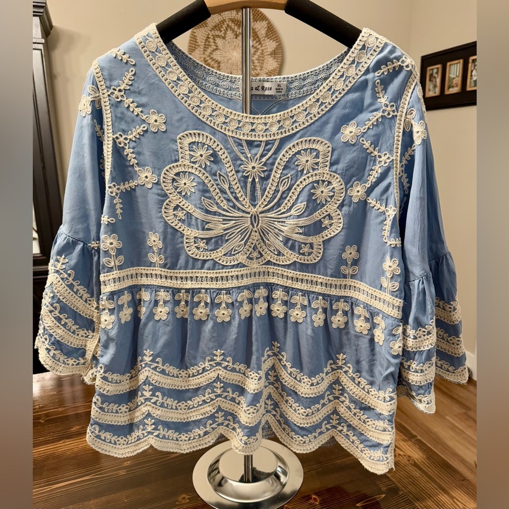 Ana & Rose Boho Women's Blouse with‎ Intricate Embroidery Size XL